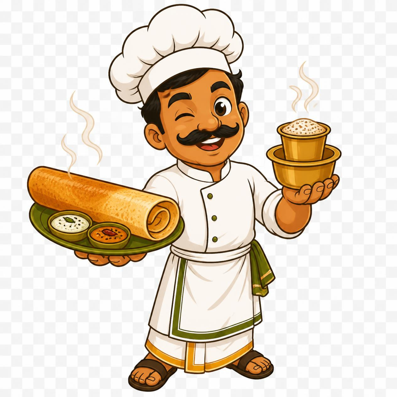 Aruvi's cartoon chef mascot, stirring a pot